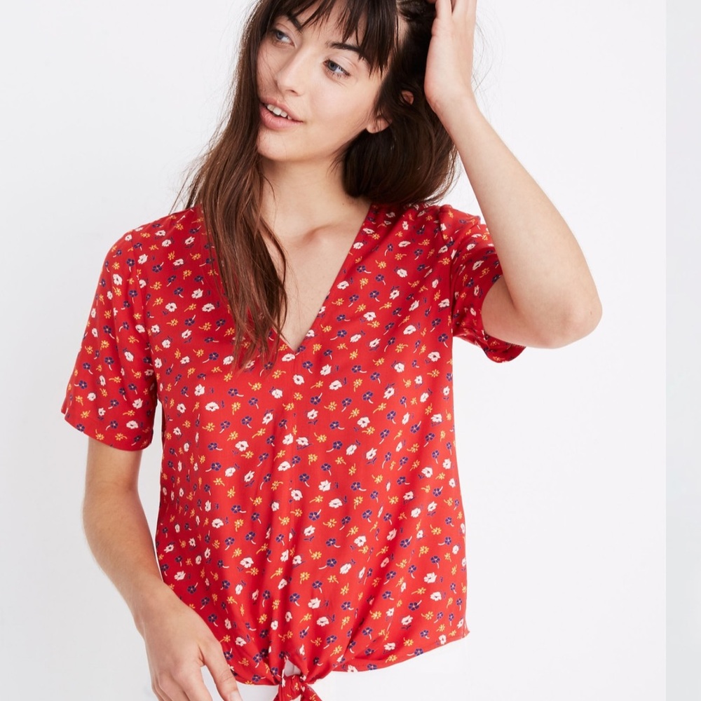 Madewell Tie-Front Top in Prairie Posies Red Floral Western Cottagecore Boho
